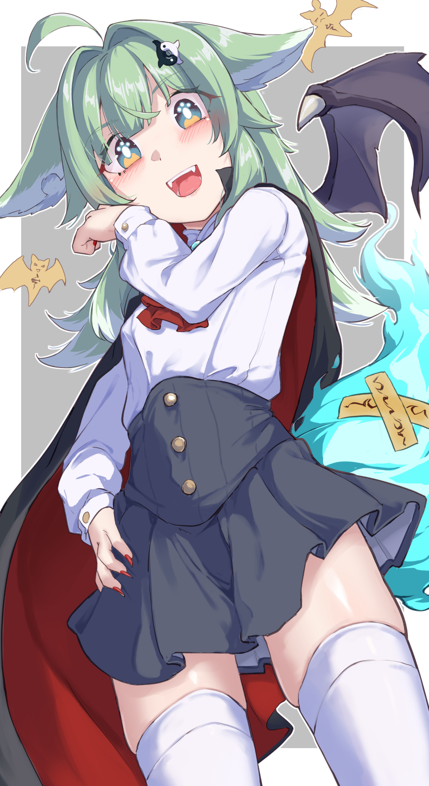 1girl, absurdres, ahoge, animal_ears, black_cape, black_skirt, cape, demon_wings