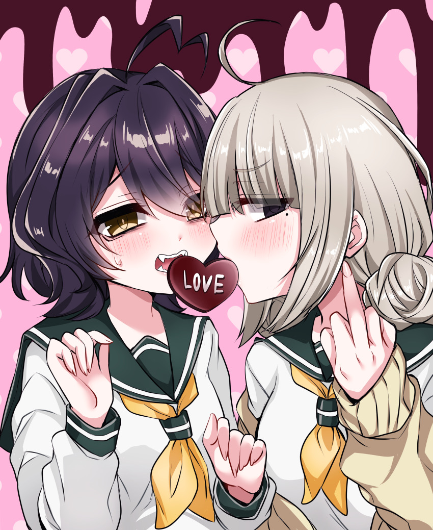 2girls, absurdres, ahoge, araga_kiwi, blonde_hair, blush, breasts, brown_sweater, candy, chocolate, chocolate_heart, double_bun, english_text, eyebrows_hidden_by_hair, food, food_in_mouth, from_side, gushagusha5, hair_between_eyes, hair_bun, heart, heart-shaped_food, heart_ahoge, highres, hiiragi_utena, imminent_kiss, large_breasts, looking_at_viewer, mahou_shoujo_ni_akogarete, middle_finger, mole, mole_under_eye, multiple_girls, open_mouth, purple_hair, red_eyes, school_uniform, serafuku, sharp_teeth, sweatdrop, sweater, teeth, upper_body, yellow_eyes, yuri