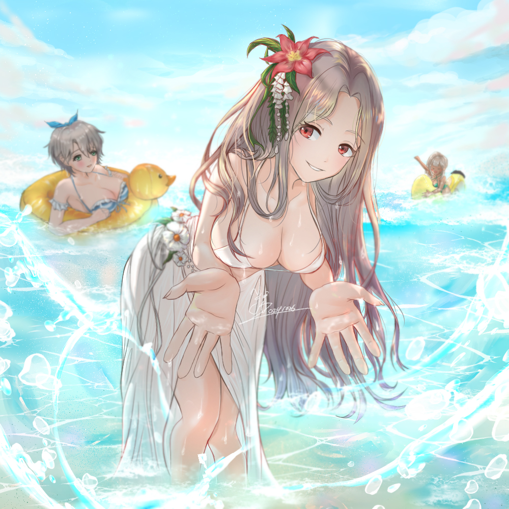 3girls, arm_scrunchie, armpits, banana_boat, bikini, blue_bikini, blue_eyes, blue_ribbon, blurry, blurry_background, breasts, brown_dust_(series), brown_dust_2, cleavage, dark-skinned_female, dark_skin, dated, depth_of_field, dollars0921, duck_innertube, eyebrows_hidden_by_hair, flower, full_body, green_bikini, grey_hair, hair_between_eyes, hair_flower, hair_ornament, hair_ribbon, innertube, large_breasts, light_blush, long_hair, looking_at_viewer, michaela_(brown_dust), multiple_girls, nebris_(brown_dust), nebris_(laid-back_lifeguard)_(brown_dust), ocean, open_mouth, red_eyes, ribbon, sarong, signature, smile, splashing, swim_ring, swimsuit, teeth, teresse_(beachside_angel)_(brown_dust), teresse_(brown_dust), very_long_hair, wet, wet_clothes, white_bikini, white_hair, white_sarong