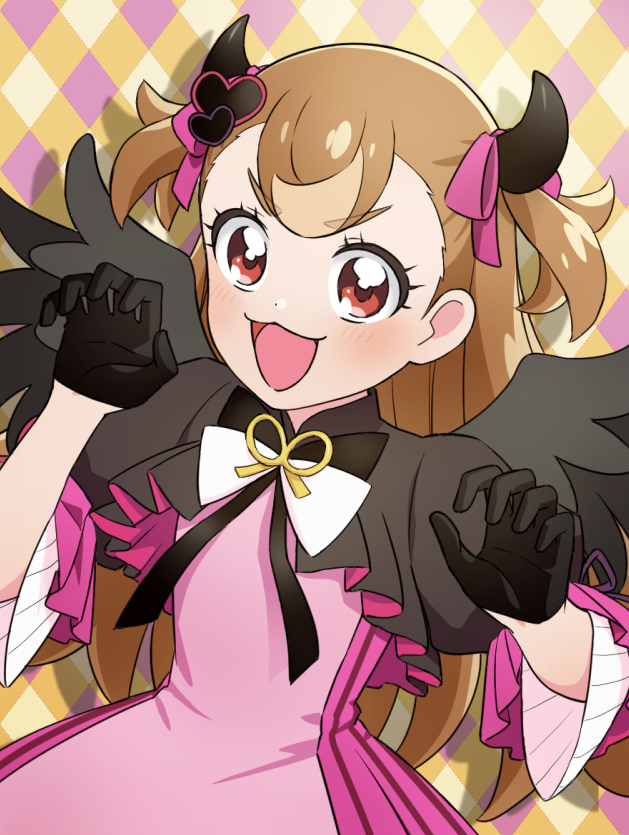 1girl, :d, black_capelet, black_gloves, bow, bowtie, brown_hair, capelet