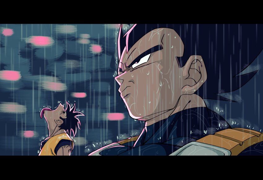 2boys, absurdres, blurry, blurry_background, dragon_ball, dragonball_z, goku_and_vegeta_in_the_rain_(meme), highres, koralldiz, meme, multiple_boys, open_mouth, rain, saiyan_armor, son_goku, spiked_hair, tongue, tongue_out, vegeta, water_drop, wet, wet_clothes, wet_hair