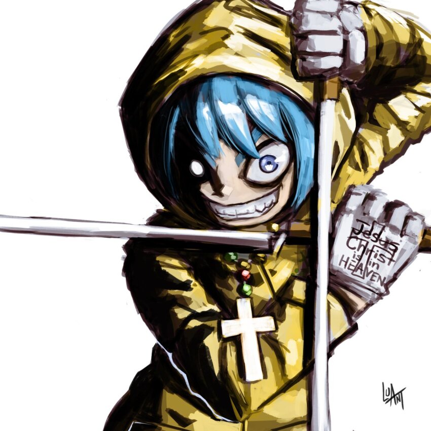1girl, alexander_anderson, bead_necklace, beads, blue_eyes, clenched_teeth, commentary, crazy_eyes, crazy_grin, crazy_smile, cross, dual_wielding, english_commentary, gloves, glowing, glowing_eye, grin, hellsing, highres, holding, hood, hood_up, hooded_coat, jewelry, jubilee_2025, latin_cross, looking_at_viewer, luant, luce_(jubilee_2025), necklace, painterly, parody, raincoat, rosary, scene_reference, short_hair, signature, simple_background, smile, teeth, upper_body, v-shaped_eyebrows, white_background, white_gloves, yellow_raincoat