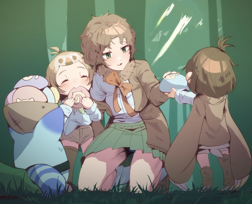 3girls, aged_down, blush, bow, bowtie, brown_footwear, brown_fur, brown_hair
