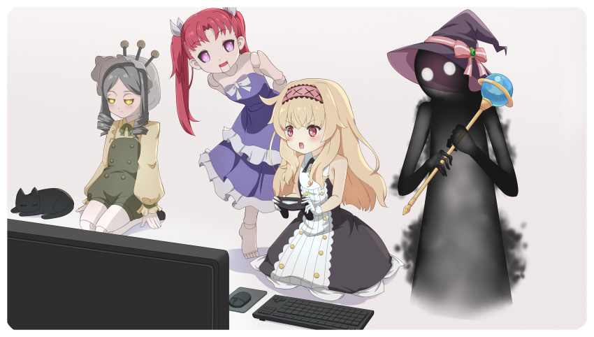 1other, 3girls, absurdres, bare_shoulders, blonde_hair, blush, cat, computer_keyboard