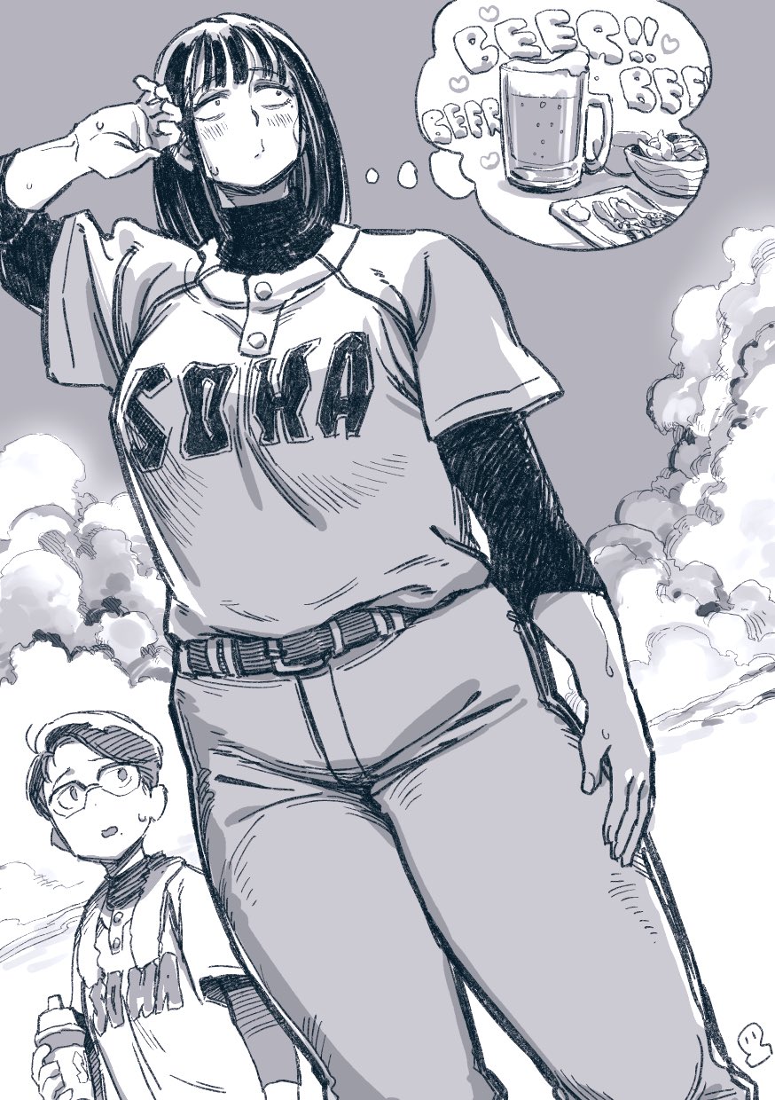 1boy, 1girl, agawa_minako, alcohol, baseball_uniform, beer, belt, breasts