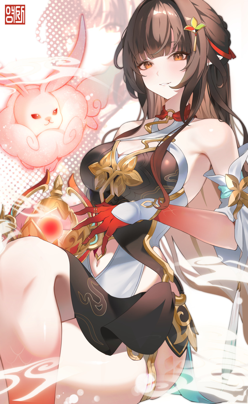 1girl, absurdres, acsuck, ahoge, bare_shoulders, blunt_bangs, breasts, brown_hair, chinese_clothes, cleavage, clothing_cutout, colored_extremities, criss-cross_halter, detached_sleeves, diamond-shaped_pupils, diamond_(shape), dress, fuyuan_(honkai:_star_rail), gold_thighlet, hair_ornament, halterneck, highres, honkai:_star_rail, honkai_(series), jewelry, large_breasts, lingsha_(honkai:_star_rail), long_hair, looking_at_viewer, navel, orange_eyes, parted_lips, pointy_ears, red_hands, smile, solo, stomach_cutout, symbol-shaped_pupils, thighlet, very_long_hair