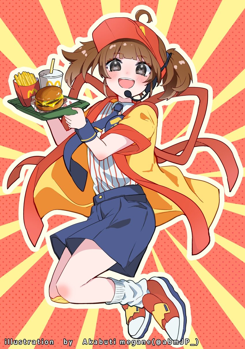 1girl, :d, ahoge, akabuchi_megane, badge, blue_shorts, blush, brown_eyes