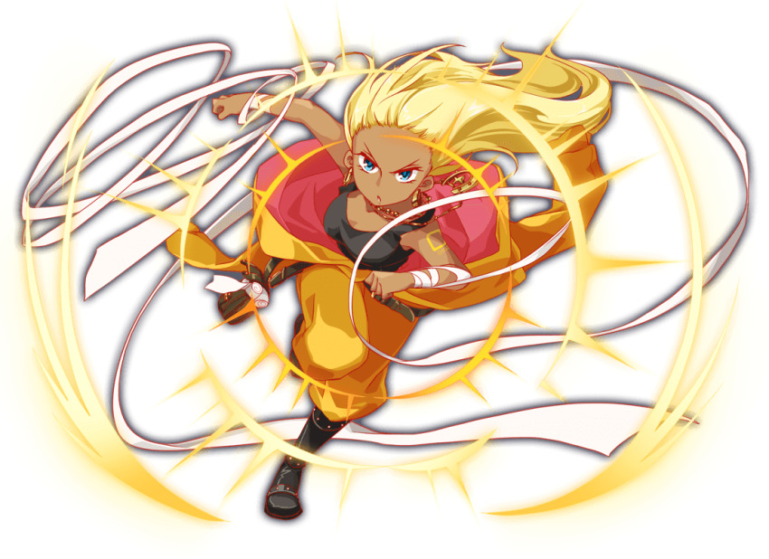 1girl, achilles_(crash_fever), anime_coloring, ankle_boots, artist_request, bag, bandaged_arm, bandaged_hand, bandages, bare_shoulders, black_bag, black_boots, black_tank_top, blonde_hair, boots, breasts, clenched_hands, crash_fever, dark-skinned_female, dark_skin, earrings, eyelashes, floating_hair, forehead, full_body, game_cg, gold_earrings, gold_necklace, hoop_earrings, horseshoe, horseshoe_necklace, jewelry, jumpsuit, jumpsuit_partially_removed, leather, leather_boots, long_hair, looking_at_viewer, medium_breasts, multicolored_hair, necklace, number_tattoo, numbered, official_art, orange_sleeves, outline, parted_lips, red_outline, running, running_towards_viewer, serious, shoulder_bag, shoulder_tattoo, simple_background, solo, square, square_tattoo, straight_hair, streaked_hair, tachi-e, tank_top, tattoo, teeth, third-party_source, transparent_background, two-sided_jumpsuit, two-tone_hair, v-shaped_eyebrows, yellow_jumpsuit, yellow_theme