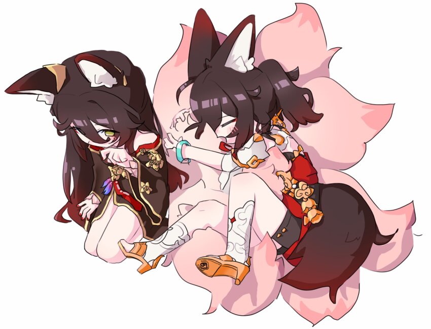 2girls, animal_ear_fluff, animal_ears, bare_shoulders, blush, bracelet, brown_hair, brown_kimono, chibi, chibi_only, closed_eyes, commentary, dual_persona, fox_ears, fox_girl, fox_tail, from_above, fugue_(honkai:_star_rail), full_body, green_eyes, hair_between_eyes, hand_up, hashtag-only_commentary, high_heel_sandals, high_heels, highres, honkai:_star_rail, honkai_(series), hugging_another's_tail, hugging_tail, ilo_qll, japanese_clothes, jewelry, kimono, long_hair, long_sleeves, lying, lying_on_tail, multiple_girls, multiple_tails, nail_polish, no_pupils, off_shoulder, on_side, open_mouth, orange_sandals, pink_tail, ponytail, red_nails, sandals, seiza, simple_background, sitting, tail, tingyun_(harmony)_(honkai:_star_rail), tingyun_(honkai:_star_rail), very_long_hair, white_background, wide_sleeves