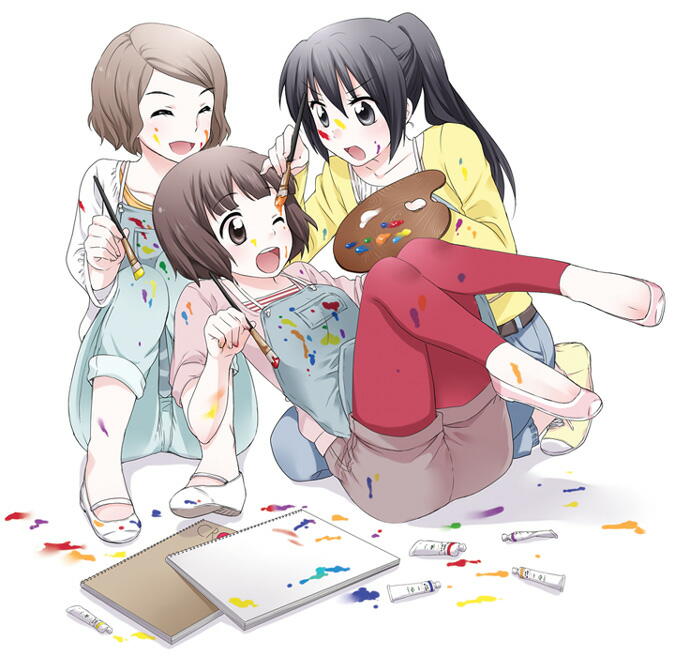 3girls, apron, art_brush, bad_id, bad_pixiv_id, black_eyes, black_hair, brown_eyes