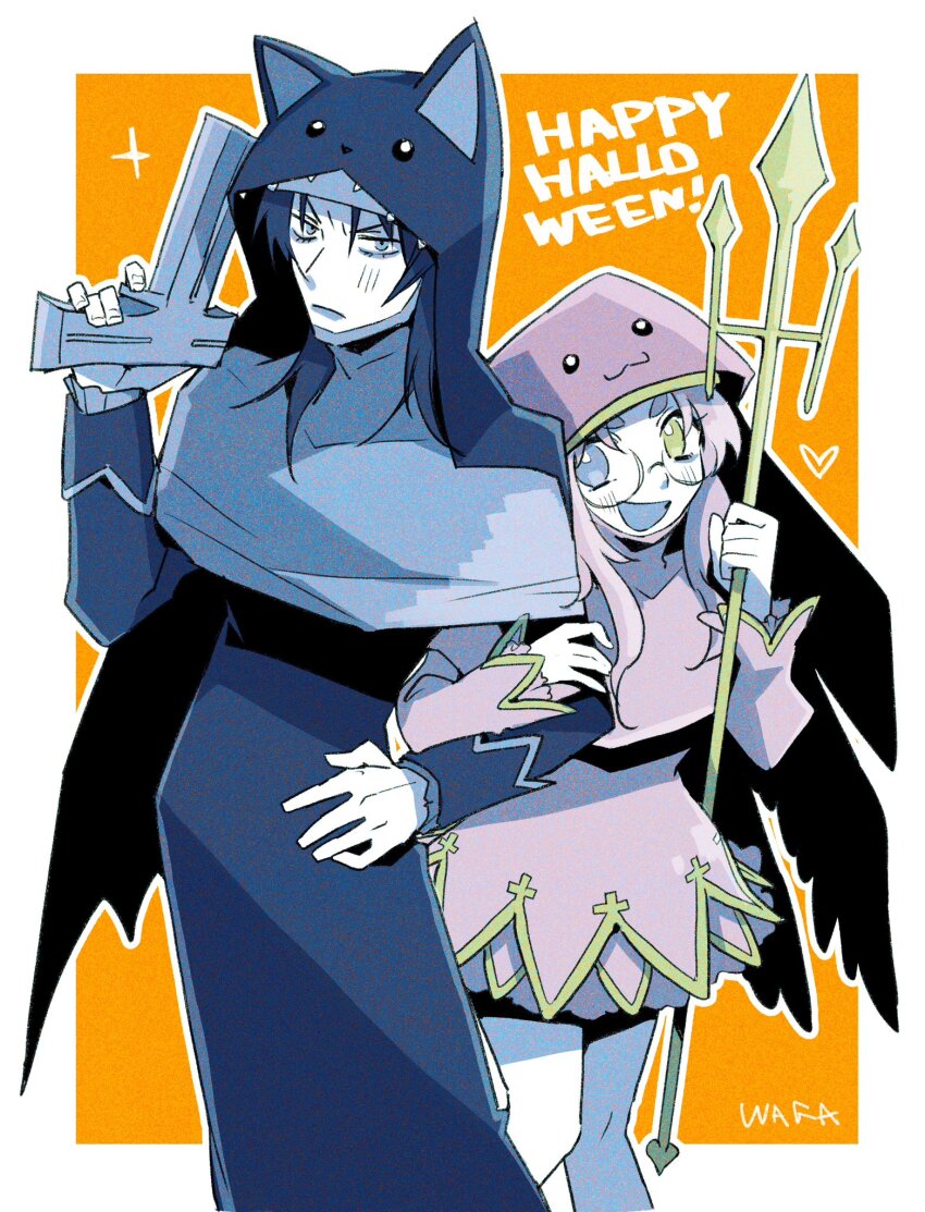 1boy, 1girl, black_dress, blue_eyes, border, brother_and_sister, commentary_request, cosplay