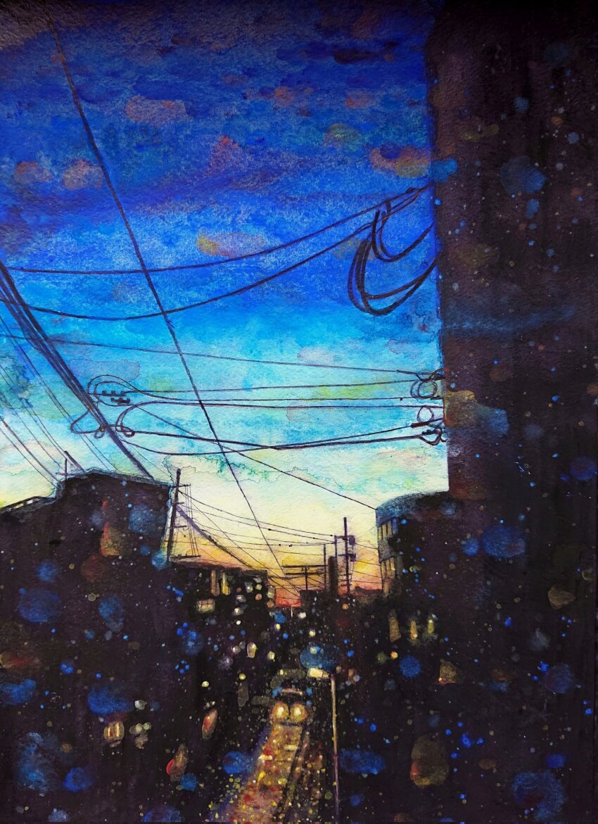 absurdres, acrylic_paint_(medium), blue_sky, building, cable, car, dark, headlight_beam