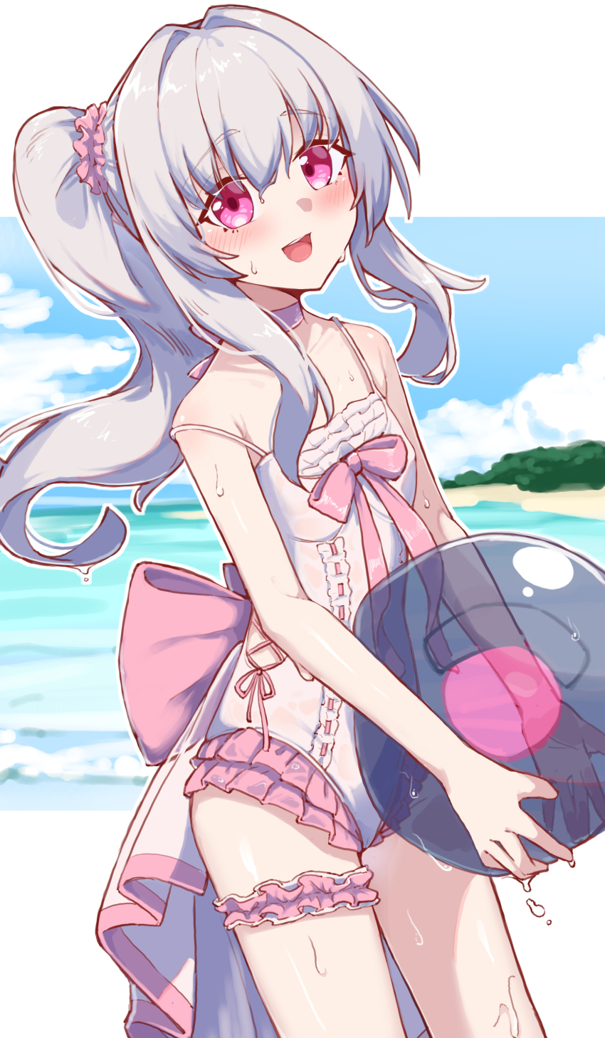 1girl, absurdres, armpit_crease, ball, beach, beachball, blurry, blurry_background