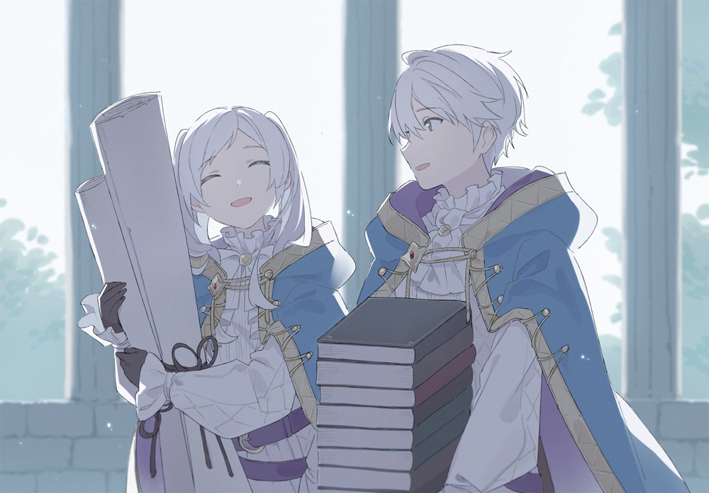 1boy, 1girl, ascot, blue_cape, book, brown_eyes, cape, closed_eyes