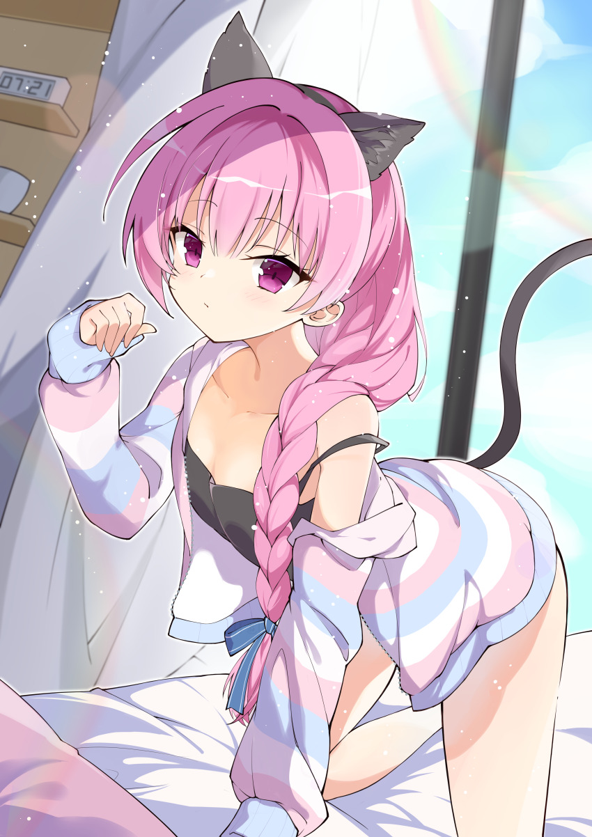 1girl, absurdres, all_fours, animal_ear_fluff, animal_ears, black_camisole, black_hairband, blunt_bangs, blush, braid, braided_ponytail, breasts, camisole, cat_ears, cat_tail, chinese_commentary, closed_mouth, collarbone, commentary, day, eyelashes, fake_animal_ears, fake_tail, foot_out_of_frame, fuyou_lev, hair_over_shoulder, hairband, hand_up, highres, indoors, jacket, long_hair, looking_at_viewer, low_ponytail, mitsukasa_ayase, official_alternate_costume, official_alternate_hairstyle, on_bed, paw_pose, pink_hair, ponytail, purple_eyes, rainbow, riddle_joker, single_bare_shoulder, sleeves_past_wrists, small_breasts, solo, strap_slip, striped_clothes, striped_jacket, tail, tail_raised, thighs, tsurime, very_long_hair, window
