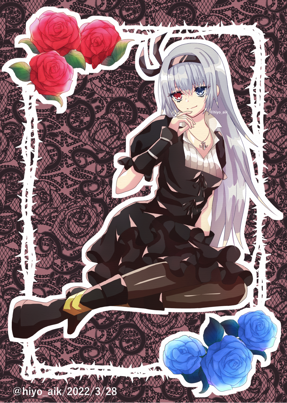 1girl, black_dress, black_footwear, black_hairband, black_thighhighs, blue_eyes, blue_flower, dress