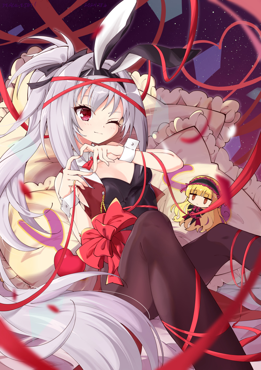 1girl, 2024, four-finger_heart_hands, ;), absurdres, animal_ears, black_bow, black_hairband