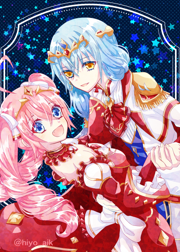 1girl, 1other, blue_eyes, blue_hair, braid, crown, dress, hiyo_(monstarpinkcat)