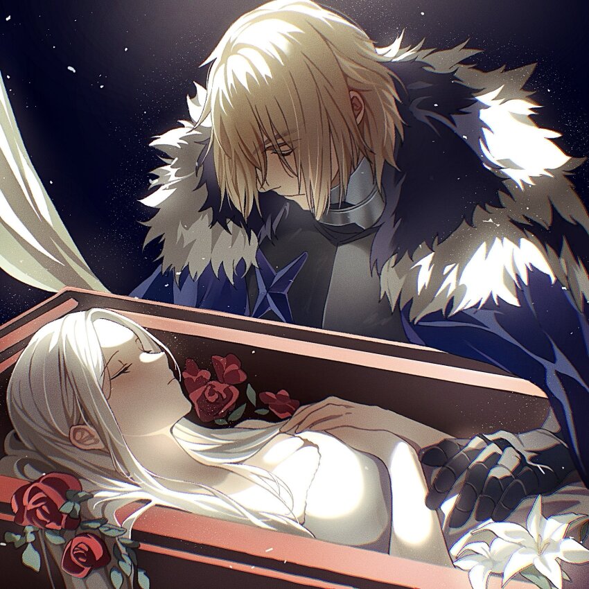 1boy, 1girl, armor, black_background, blonde_hair, blue_cape, breastplate, breasts