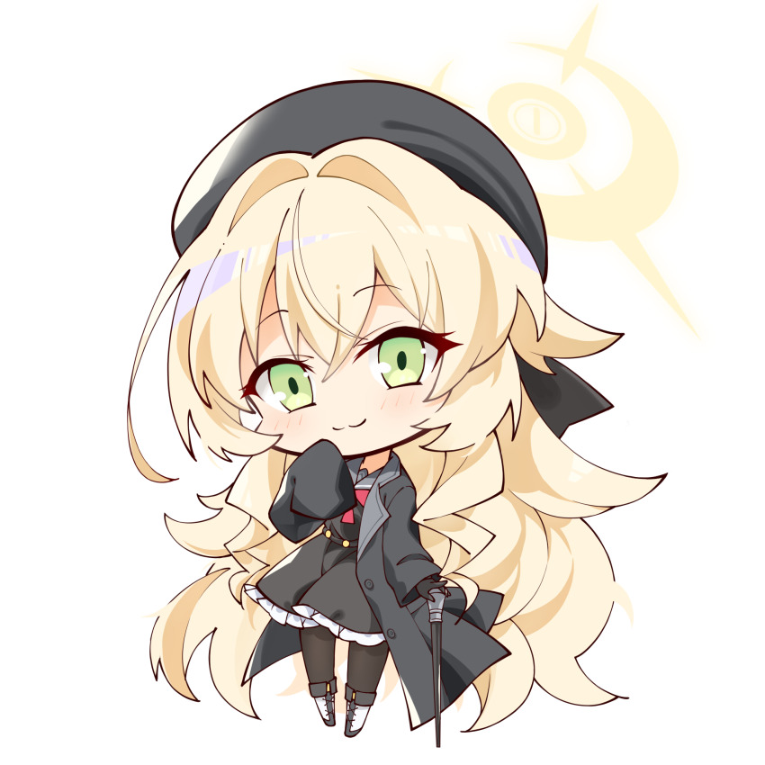 1girl, :3, beret, black_coat, black_gloves, black_hat, black_pantyhose, black_skirt, blonde_hair, blue_archive, blush, boots, chibi, closed_mouth, coat, commentary, cowlick, frilled_skirt, frills, full_body, fuyou_lev, gloves, green_eyes, grey_sailor_collar, hair_between_eyes, hair_intakes, halo, hand_up, hat, highres, long_hair, long_sleeves, looking_at_viewer, making-of_available, open_clothes, open_coat, pantyhose, professor_niyaniya_(blue_archive), sailor_collar, school_uniform, serafuku, simple_background, skirt, sleeves_past_wrists, smile, solo, split_mouth, standing, transparent_background, tsurime, very_long_hair, wavy_hair, white_boots, wide_sleeves, yellow_halo