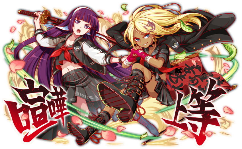 2girls, achilles_(crash_fever), animal_print, anime_coloring, artist_request, bandaged_arm, bandaged_hand, bandages, belt, belt_boots, black_choker, black_jacket, black_sailor_collar, black_serafuku, black_skirt, black_sleeves, black_socks, black_straps, blonde_hair, blouse, blue_eyes, blunt_bangs, blunt_sidelocks, boots, bracelet, breasts, buckle, buttons, character_print, cherry_blossoms, choker, cleavage, collarbone, collared_jacket, collared_shirt, cracking_knuckles, crash_fever, crop_top, crop_top_overhang, cross-laced_footwear, dark_skin, delinquent, dot_nose, earrings, emblem, fingerless_gloves, flag, full_body, game_cg, glove_belt, gloves, gold_buckle, gold_buttons, gold_earrings, grin, groin, hairband, high_collar, himiko_(crash_fever), hoop_earrings, horizontal-striped_collar, horizontal-striped_skirt, jacket, jacket_over_shoulder, jewelry, katana, knee_boots, kneehighs, komachi_beni, leg_up, letterman_jacket, long_hair, long_sleeves, looking_at_viewer, looking_to_the_side, makeup, mark_under_eye, medium_breasts, midriff, miniskirt, multicolored_hair, multiple_girls, narrow_waist, navel, neckerchief, number_print, numbered, official_art, open_clothes, open_jacket, open_mouth, outline, petals, pink_lips, pink_petals, pleated_skirt, print_jacket, puffy_long_sleeves, puffy_sleeves, rabbit_print, red_belt, red_gloves, red_neckerchief, red_outline, sailor_collar, school_uniform, serafuku, sheath, sheathed, shirt, shoe_soles, short_sleeves, sidelocks, skinny, skirt, sleeves_rolled_up, smile, smoke, socks, spiked_bracelet, spiked_choker, spiked_thigh_strap, spikes, square, square_print, straight_hair, streaked_hair, striped_clothes, striped_collar, striped_skirt, sukeban, sword, tachi-e, teeth, thigh_strap, third-party_source, three-quarter_sleeves, tongue, translation_request, transparent_background, triple_horizontal_stripe, tsurime, two-sided_shirt, unworn_jacket, usagi_(crash_fever), v-shaped_eyebrows, vertical-striped_sleeves, very_long_hair, weapon, white_hairband, white_sleeves, zipper