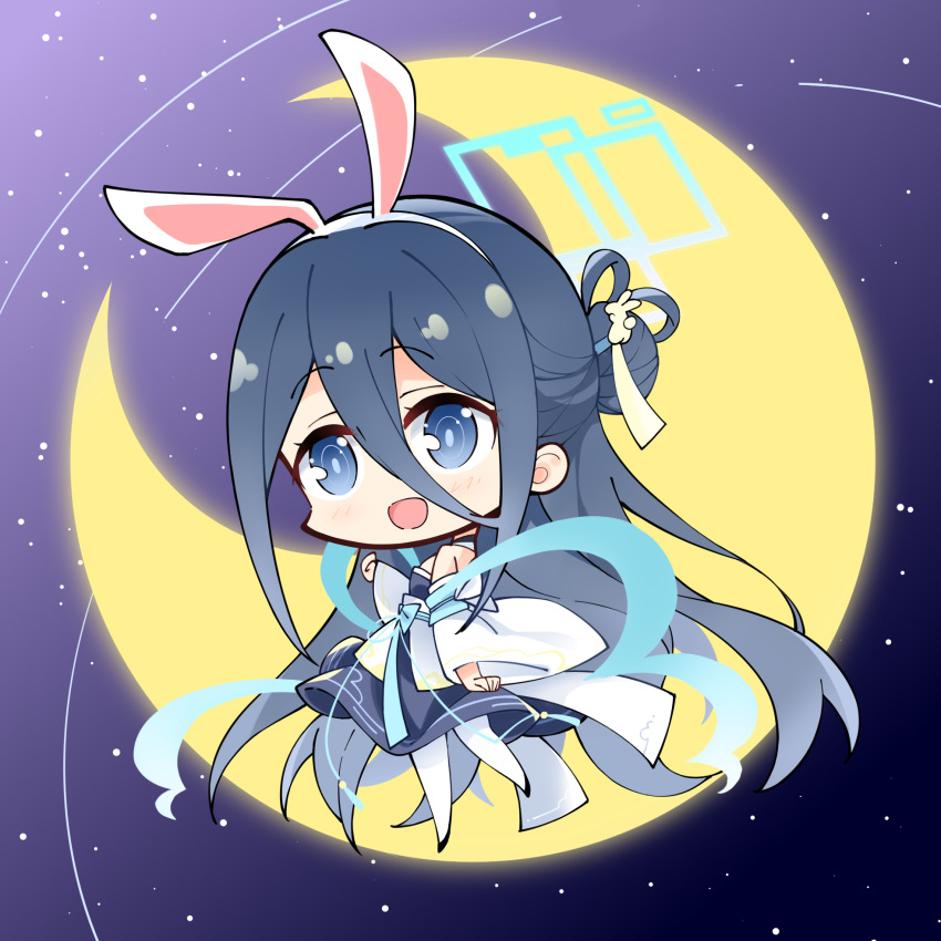 1girl, :d, alternate_costume, alternate_hairstyle, animal_ears, aris_(blue_archive), aris_(moon_rabbit)_(blue_archive), bare_shoulders