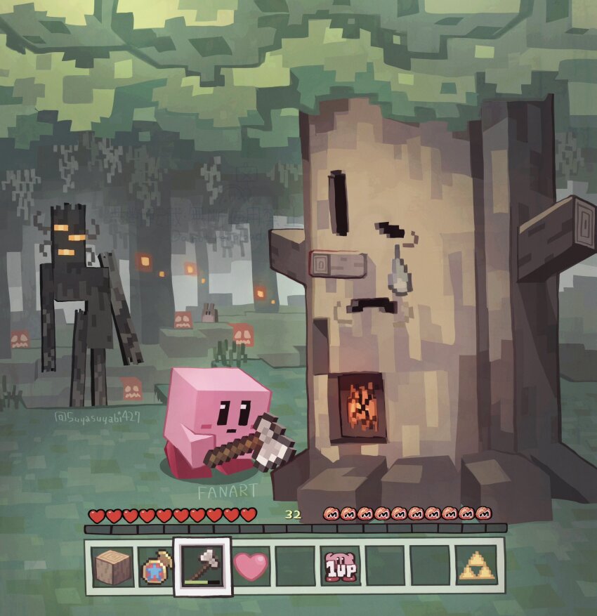 axe, creaking_(minecraft), forest, grass, heart, highres, holding, holding_axe, jack-o'-lantern, kirby, kirby_(series), minecraft, minecraft_axe, nature, nintendo, no_humans, rabbit, suyasuyabi, the_legend_of_zelda, tree, triforce, user_interface