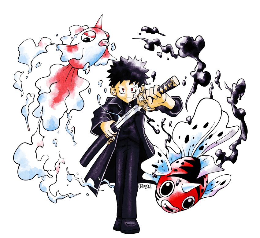 1boy, absurdres, artist_name, black_footwear, black_hair, black_pants, dwalkn, gen_1_pokemon