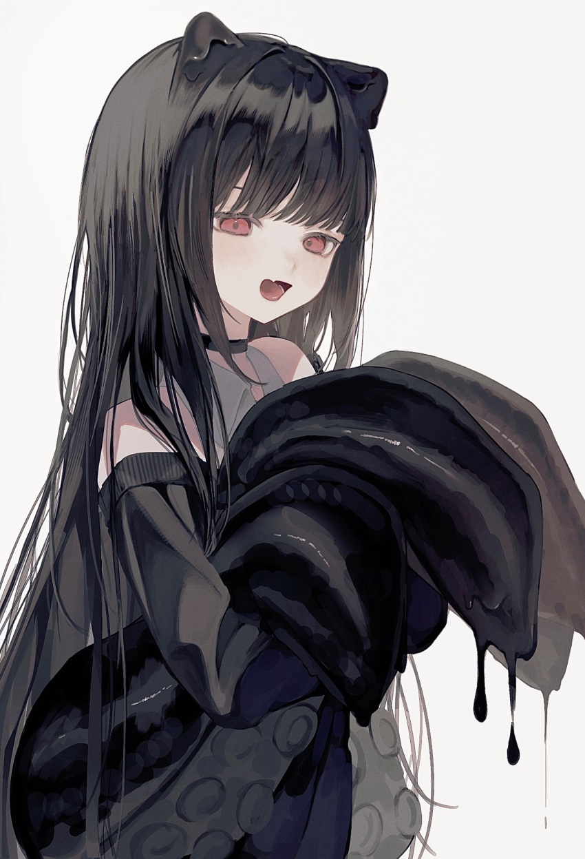 1girl, animal_ears, bare_shoulders, black_choker, black_hair, blunt_bangs, choker, dripping