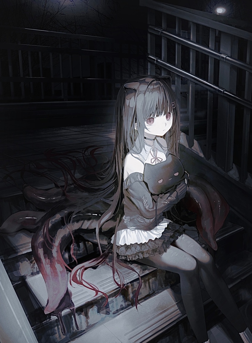 1girl, :|, animal_ears, black_choker, black_hair, black_pantyhose, black_skirt, black_sweater