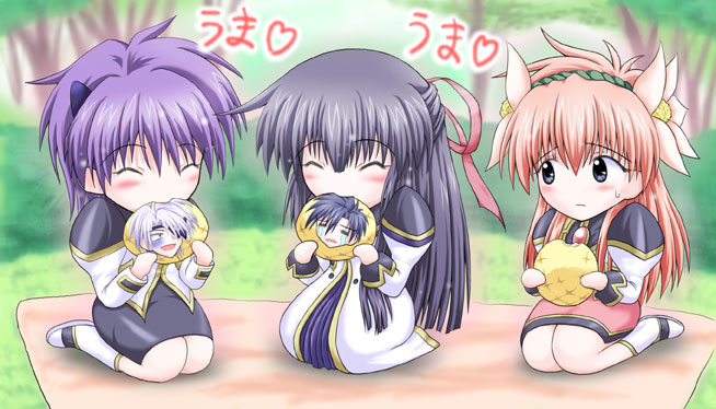 00s, 2boys, 3girls, ^_^, almo, blue_eyes, blue_hair, blush, bread, closed_eyes, eating, eyepatch, food, forest, galaxy_angel, half_updo, karasuma_chitose, kneeling, lester_coolduras, melon_bread, milfeulle_sakuraba, military, military_uniform, multiple_boys, multiple_girls, nature, non-web_source, outdoors, picnic, pink_hair, smile, takuto_meyers, tears, what