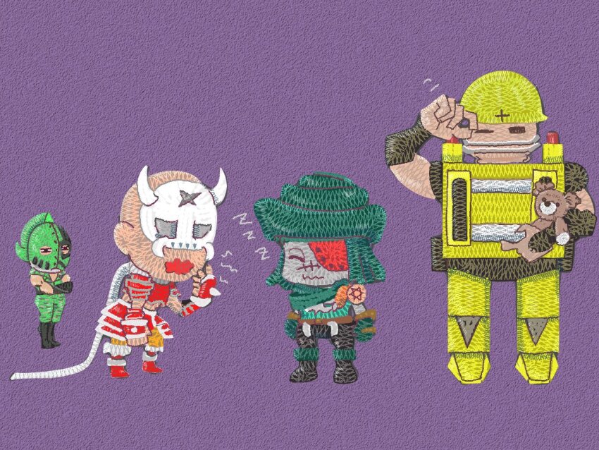 4boys, abs, armor, bone_cold, buki_k17_ko, chibi, clenched_hands, evil_smile, eyepatch, fork_the_giant, gloves, hanzo_(kinnikuman), helmet, kinniku_ataru, kinnikuman, kinnikuman_nisei, kinnikuman_soldier, looking_at_another, mask, monster_boy, multiple_boys, muscular, ninja, oni_mask, smile, wrestling, zombie