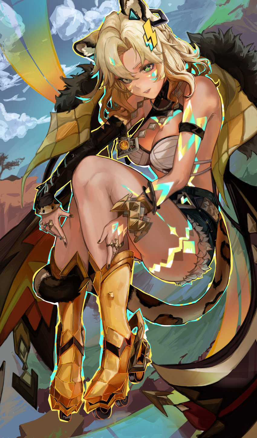 1girl, absurdres, black_coat, blonde_hair, bracelet, breasts, coat, crop_top