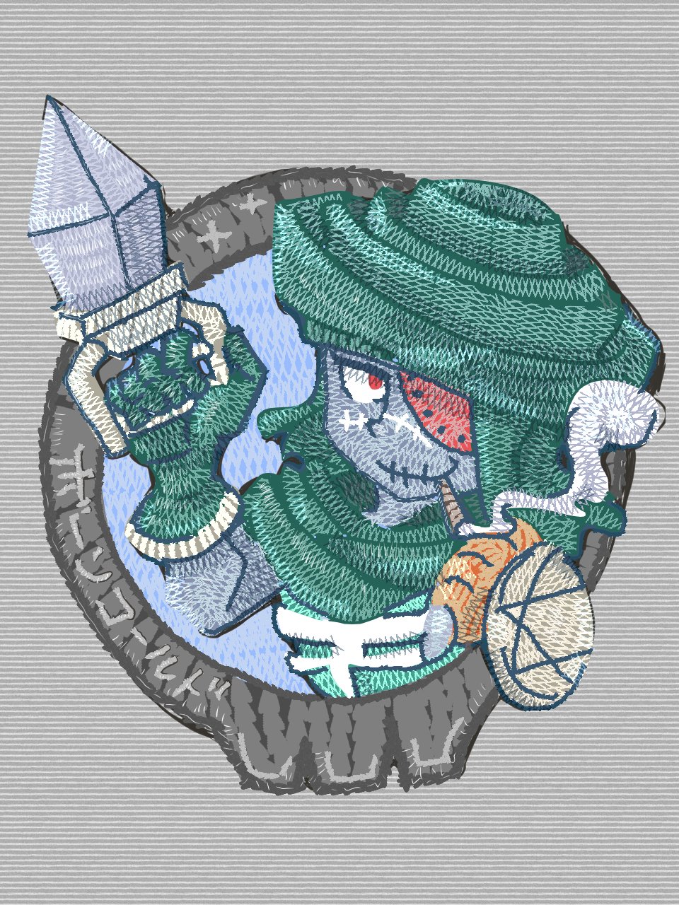 1boy, bone_cold, buki_k17_ko, chibi, eyepatch, gloves, highres, holding, holding_weapon, kinnikuman, kinnikuman_nisei, light_smile, looking_at_viewer, monster_boy, scar, single_shoulder_pad, smile, solo, upper_body, weapon, zombie