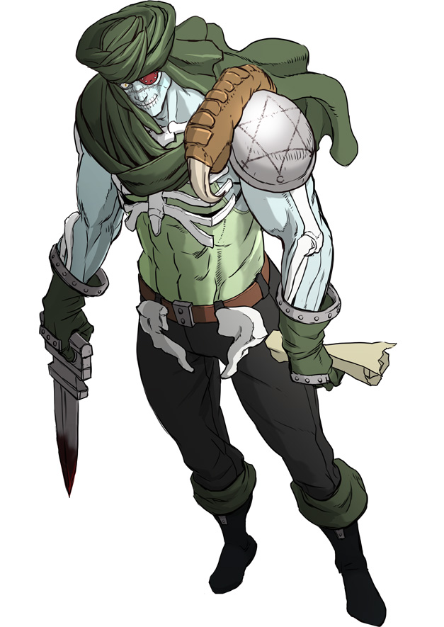 1boy, abs, armor, blood, bloody_weapon, bone_cold, crazy_eyes, evil_smile