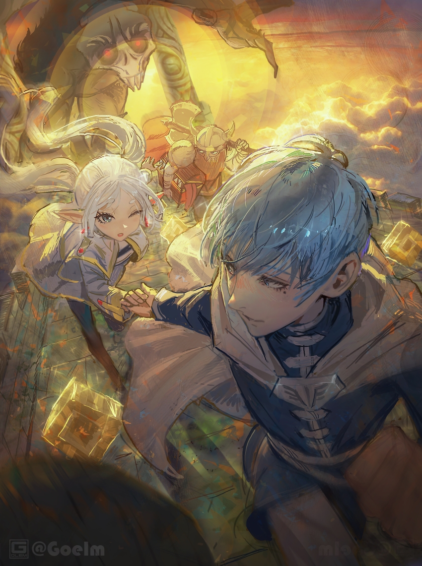 1girl, 2boys, absurdres, artist_name, axe, battle_axe, beard, black_pants, black_pantyhose, black_shirt, blue_coat, blue_eyes, blue_hair, boots, brown_footwear, brown_hair, cape, capelet, clenched_hand, cloud, coat, collared_coat, cube, demon, earrings, eisen_(sousou_no_frieren), elf, eyelashes, facial_hair, fake_horns, floating_cape, floating_clothes, floating_hair, frieren, golemmm, green_eyes, grey_helmet, grey_pants, helmet, highres, himmel_(sousou_no_frieren), holding, holding_axe, holding_hands, holding_to_chest, horned_helmet, horns, jacket, jewelry, long_hair, long_sleeves, looking_at_another, mimic, mimic_chest, mole, mole_under_eye, multiple_boys, one_eye_closed, open_clothes, open_jacket, open_mouth, orange_sky, outdoors, over_shoulder, pants, pantyhose, parted_lips, pointy_ears, red_vest, running, shirt, short_hair, skirt, sky, smile, sousou_no_frieren, striped_clothes, striped_shirt, sun, sunset, twintails, two-tone_shirt, very_long_hair, vest, weapon, weapon_over_shoulder, white_cape, white_capelet, white_hair, white_jacket, white_shirt, white_skirt