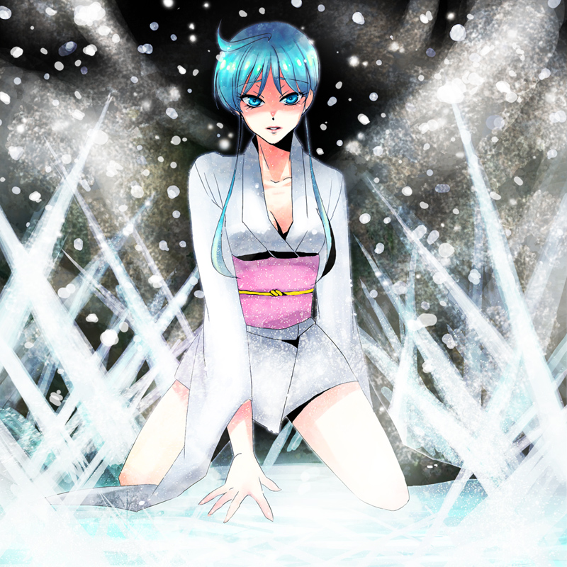 1990s_(style), 1girl, blue_eyes, blue_hair, female_focus, ice, japanese_clothes, jigoku_sensei_nube, jojon, kimono, kneeling, matching_hair/eyes, sad, short_hair, short_kimono, sidelocks, skirt, snow, solo, yukime_(jigoku_sensei_nube)