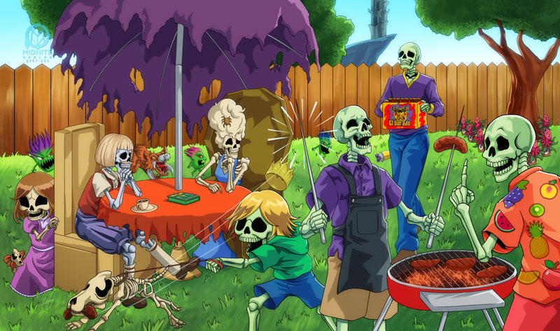 2girls, 5boys, apron, artist_name, backyard, beehive_hairdo, blonde_hair, book