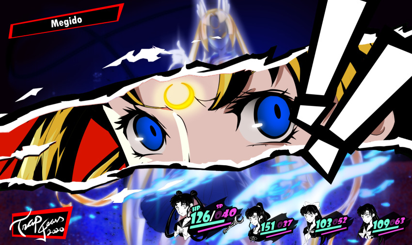 !, !!, 4girls, aino_minako, artist_name, bishoujo_senshi_sailor_moon, blonde_hair, blue_eyes, crescent_moon, double_bun, facial_mark, fake_screenshot, forehead_mark, hair_bun, highres, hino_rei, juuban_middle_school_uniform, kino_makoto, long_hair, magical_girl, moon, multiple_girls, persona, persona_5, persona_eyes, sailor_moon, school_uniform, trapgears, tsuki_ni_kawatte_oshioki_yo, tsukino_usagi, twintails, very_long_hair