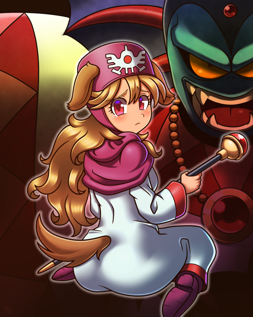 1boy, 1girl, animal_ears, aqua_skin, blonde_hair, closed_mouth, colored_sclera, colored_skin, commentary_request, dog_ears, dog_girl, dog_tail, dragon_quest, dragon_quest_ii, fangs, fins, frown, hargon, head_fins, highres, holding, holding_staff, jewelry, long_hair, looking_at_viewer, looking_back, mage_staff, magonzuhamiti, multicolored_eyes, necklace, official_alternate_hair_color, open_mouth, pink_eyes, pink_hood, princess_of_moonbrook, purple_eyes, red_eyes, robe, sitting, staff, tail, tears, tears_from_one_eye, wariza, white_robe, yellow_sclera