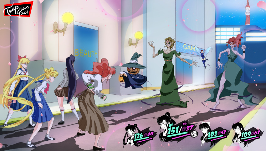 4girls, aino_minako, artist_name, bishoujo_senshi_sailor_moon, demon, demon_(megami_tensei), demon_girl, double_bun, fake_screenshot, fingerless_gloves, flau_(sailor_moon), full_body, gloves, hair_bun, highres, hino_rei, juuban_middle_school_uniform, kino_makoto, kino_makoto's_school_uniform, long_hair, long_sleeves, morga, multiple_girls, persona, persona_5, pixie_(megami_tensei), ponytail, pyro_jack, school_uniform, serafuku, ta_girls_school_uniform, trapgears, tsukino_usagi, twintails, very_long_hair, whip