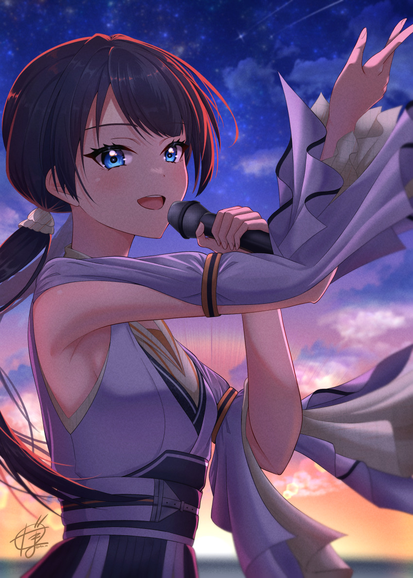 1girl, :d, absurdres, arm_up, armpit_crease, blue_eyes, blue_hair, blue_sky