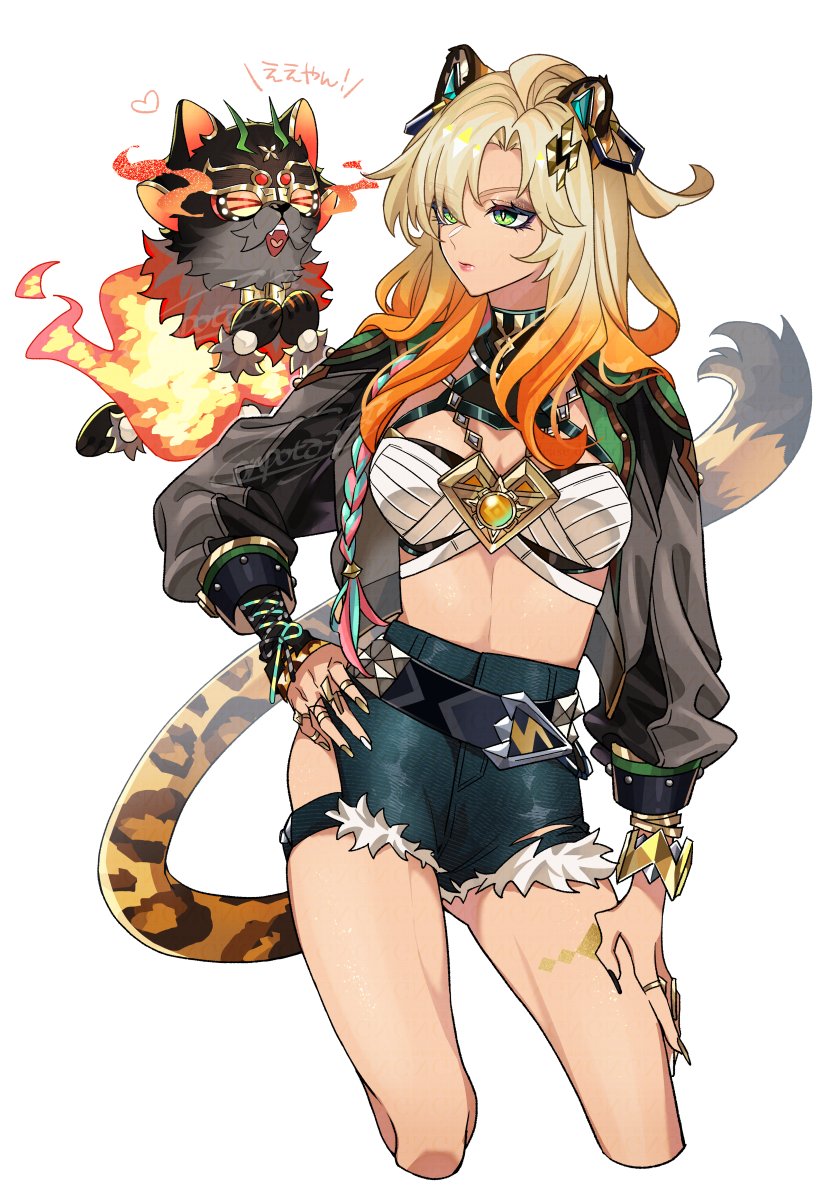 1girl, 1other, animal_ears, black_shorts, blonde_hair, breasts, closed_mouth, con_potata