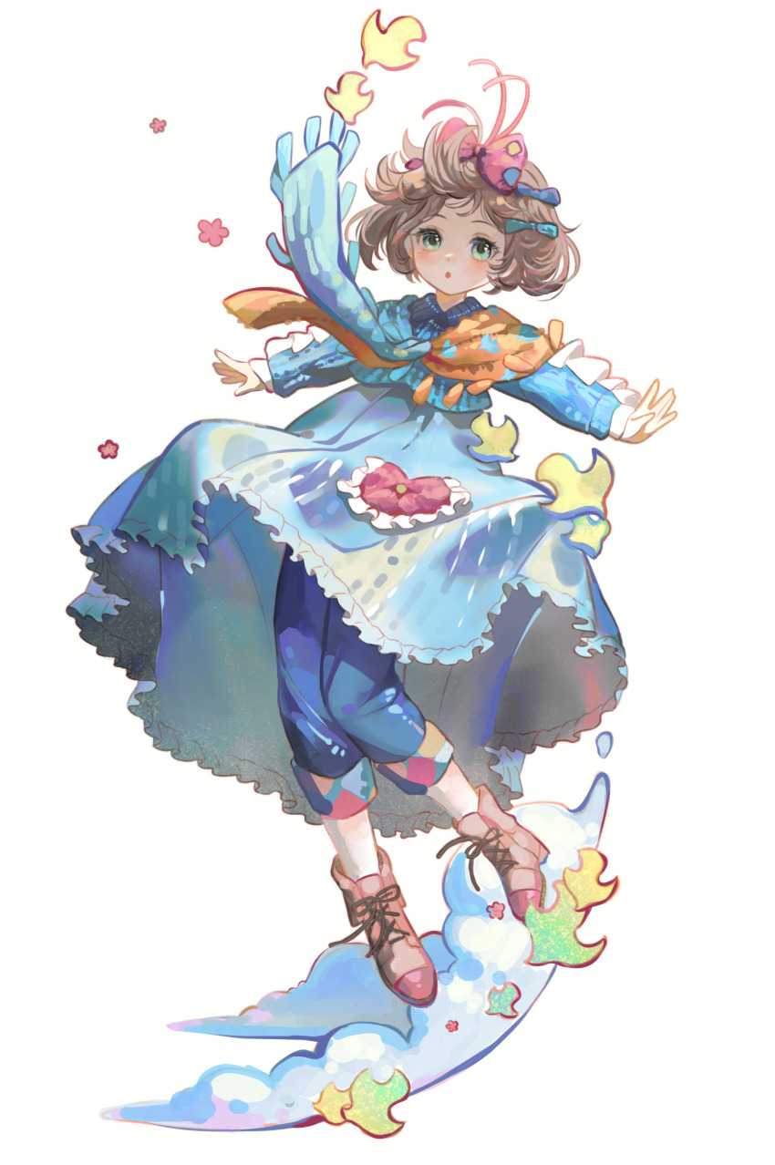 1girl, :o, absurdres, ankle_boots, aqua_eyes, bangs_blown_up, blue_bow, blue_dress