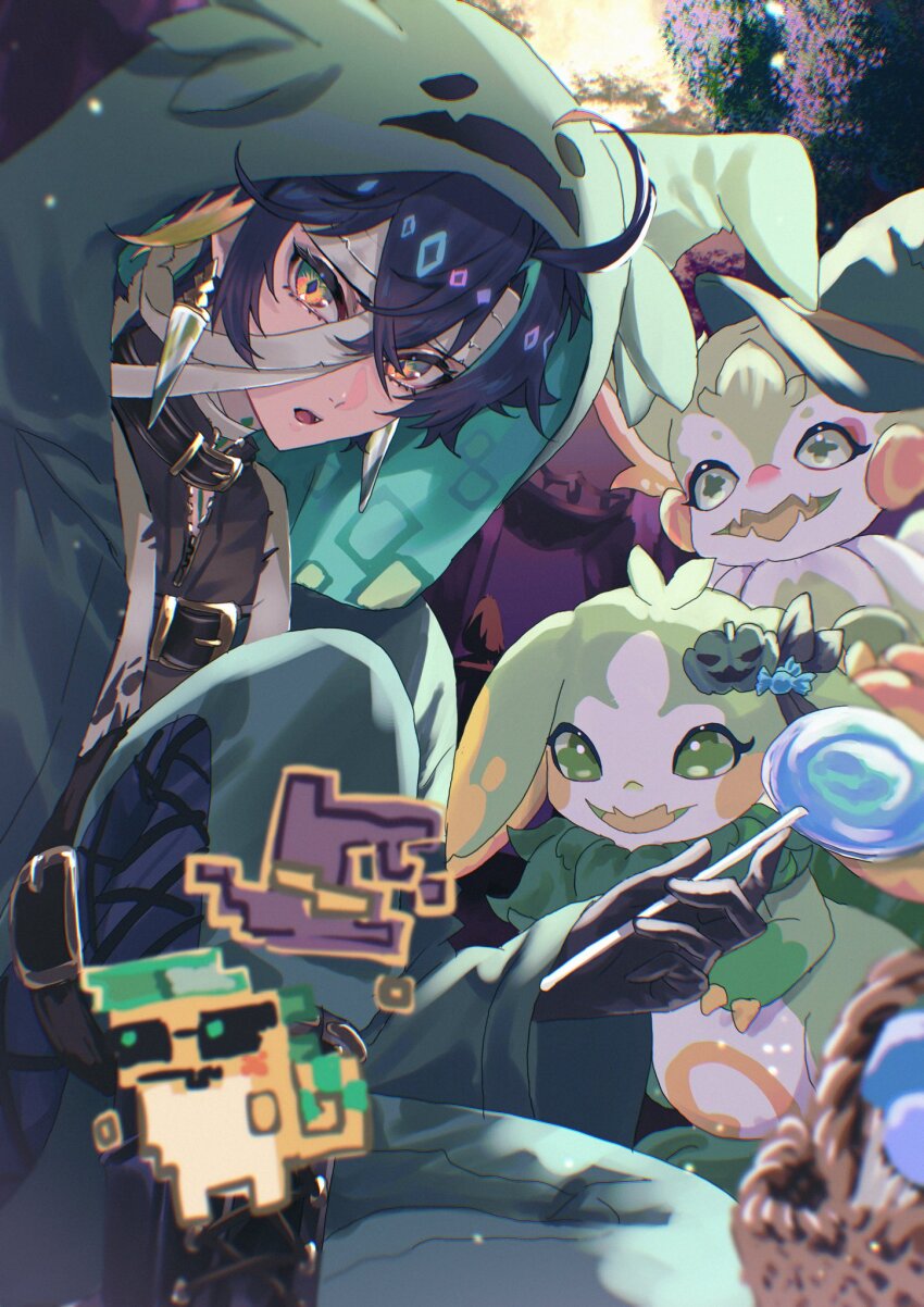 1boy, 3others, ajaw_(genshin_impact), animal_hood, basket, black_gloves, black_hair, black_shirt