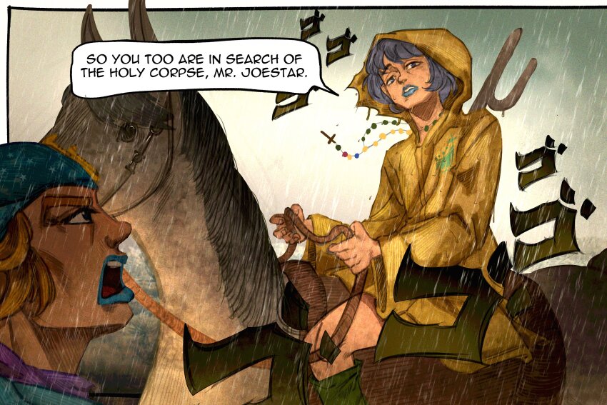 1boy, 1girl, absurdres, blue_eyes, blue_hair, blue_lips, commentary, cross, cross_necklace, doremyart, english_commentary, english_text, highres, hood, hood_up, horse, horseback_riding, jewelry, johnny_joestar, jojo_no_kimyou_na_bouken, jubilee_2025, lipstick, looking_at_another, luce_(jubilee_2025), makeup, menacing_(jojo), necklace, parody, raincoat, riding, short_hair, speech_bubble, steel_ball_run, style_parody, yellow_raincoat