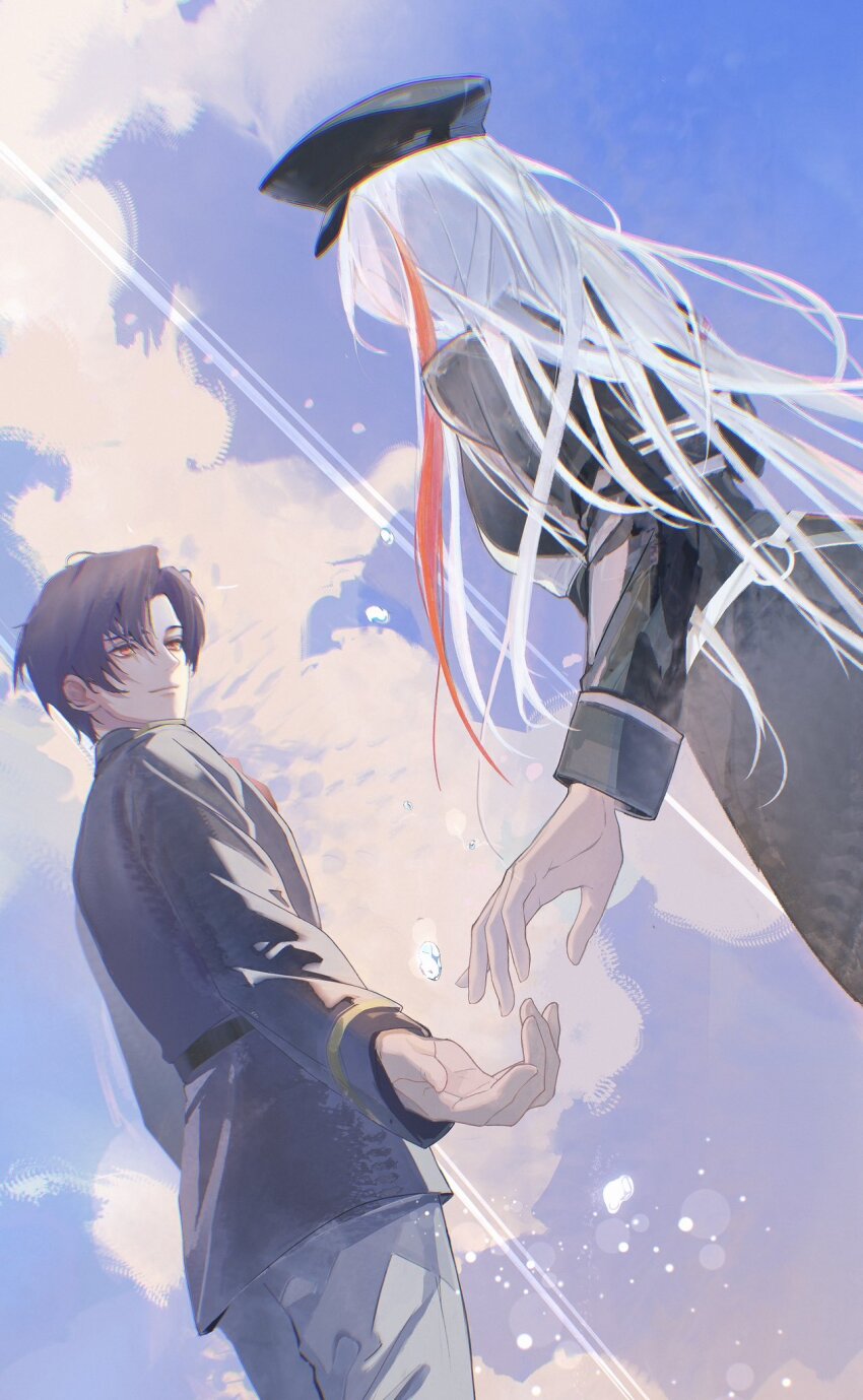 1boy, 1girl, 86_-eightysix-, black_hair, from_behind, hat, highres, military_hat