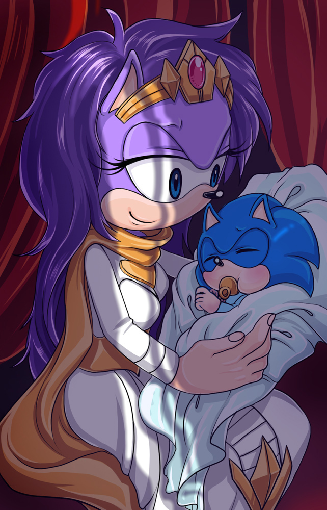 1boy, 1girl, baby, blue_eyes, blush, carrying, carrying_baby, carrying_person, child, closed_eyes, crown, dress, family, furry, gem, gold_cape, hedgehog, jewelry, junkmix_(c2ndy2c1d), mature_female, mother_and_child, mother_and_son, motherly, pacifier, parent_and_child, purple_fur, purple_hair, queen_aleena_hedgehog, red_gem, siblings, sonic_(series), sonic_the_hedgehog, sonic_underground, source_request, white_dress