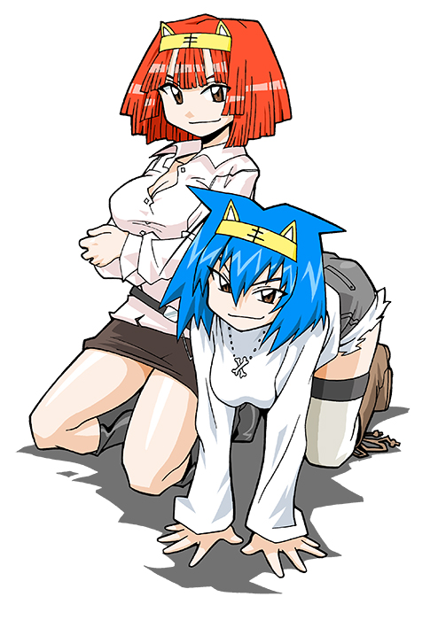 2girls, amu_ru, animal_ear_headband, animal_ears, anime_coloring, aqua_hair, belt, belt_buckle, benga_ru, bent_over, black_footwear, black_outline, blunt_bangs, blunt_ends, blunt_sidelocks, bone_necklace, boots, breasts, brown_belt, brown_eyes, brown_footwear, brown_skirt, buckle, buttons, center-flap_bangs, closed_mouth, collar, collared_shirt, colored_inner_animal_ears, crossed_arms, denim, denim_shorts, dress_shirt, fake_animal_ears, fur-trimmed_shorts, fur_trim, grey_shorts, headband, jewelry, knee_boots, large_breasts, long_sleeves, looking_at_viewer, mascot, medium_hair, microskirt, mukku_(mook-tv), multiple_girls, necklace, no_nose, official_art, outline, partially_unbuttoned, pencil_skirt, pink_collar, pink_shirt, pocket, red_hair, second-party_source, seiza, shadow, shirt, shorts, siblings, sidelocks, simple_background, sisters, sitting, skirt, sleeve_cuffs, sleeves_past_wrists, smile, smirk, spiked_hair, sweater, thighhighs, tiger_ears, tora_da_yo., toranoana, tsurime, unbuttoned, unbuttoned_shirt, white_background, white_sweater, wing_collar, yellow_headband, yellow_thighhighs