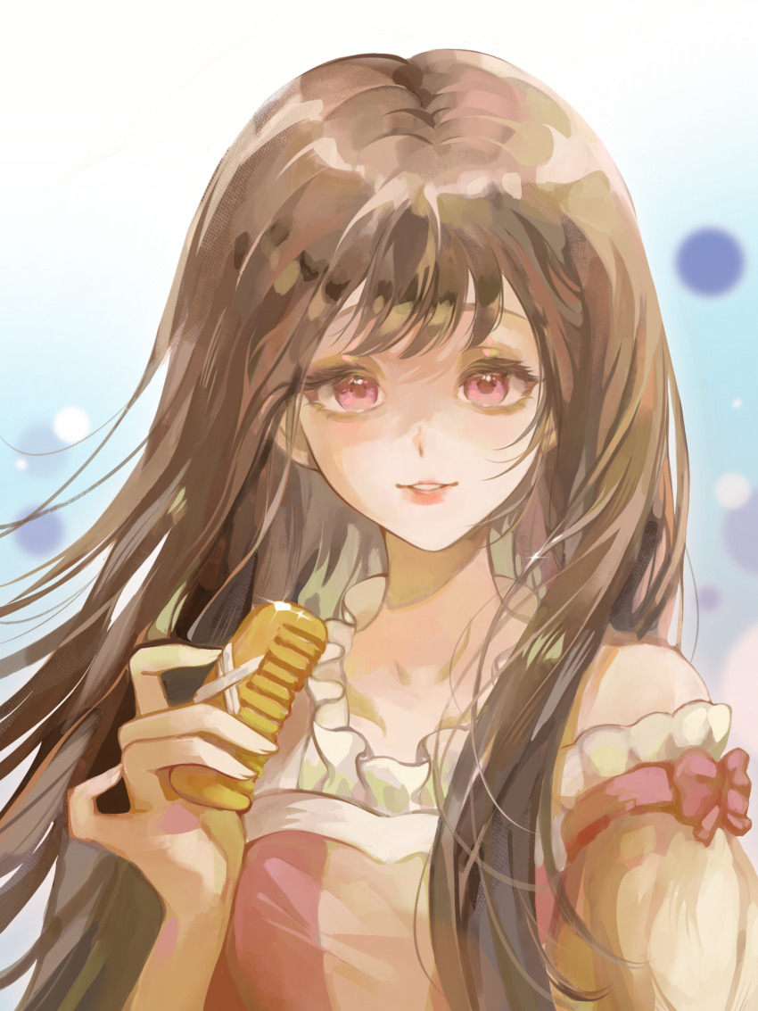 1girl, absurdres, blue_background, brown_hair, comb, douluo_dalu, dress, fei_zou_yi_guo_gezi